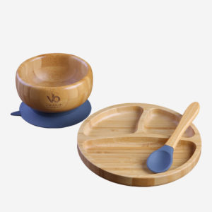 Bamboo Suction Bowl and Plate Set Spoon Grey
