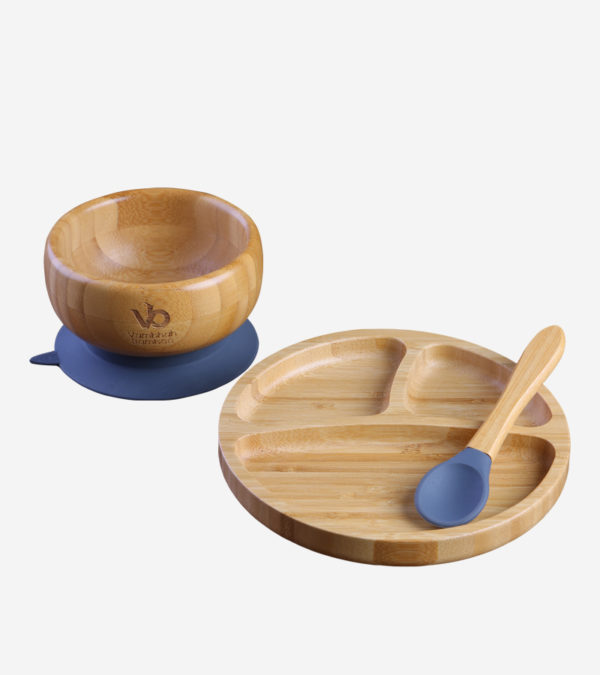 Bamboo Suction Bowl and Plate Set Spoon Grey