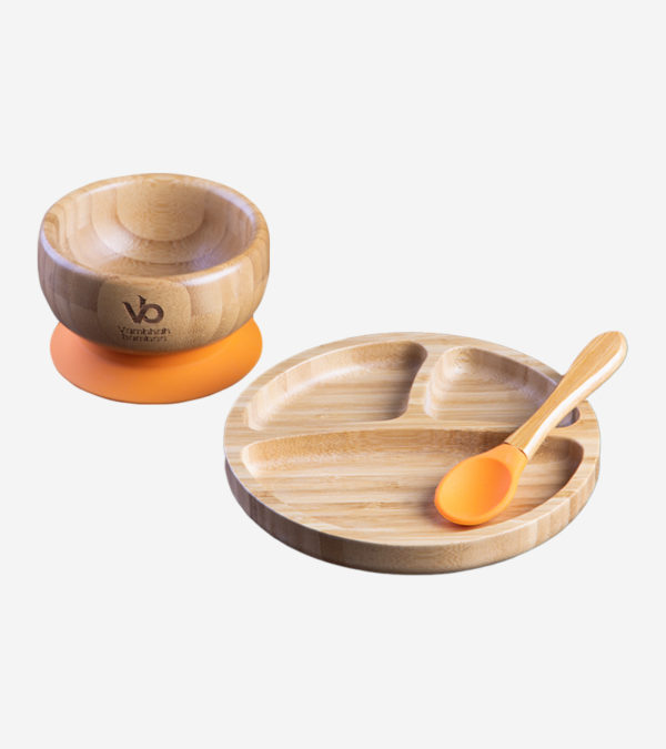 Bamboo Suction Bowl and Plate Set Spoon Orange