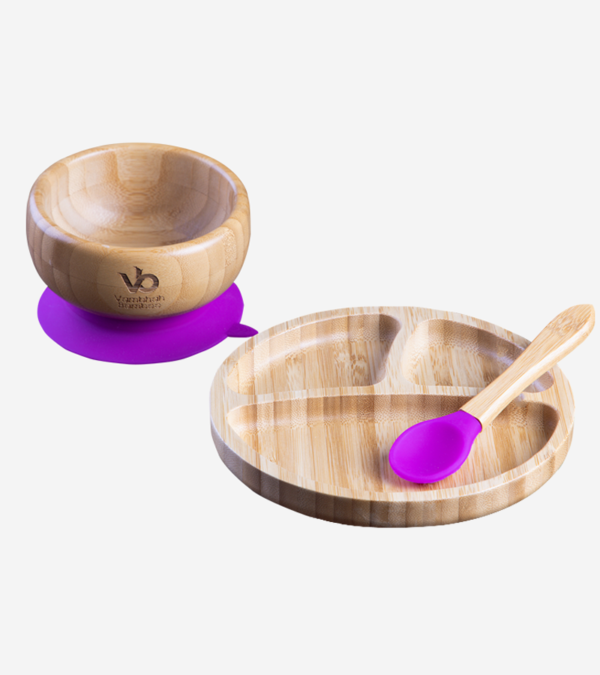 Bamboo Suction Bowl and Plate Set Spoon Purple